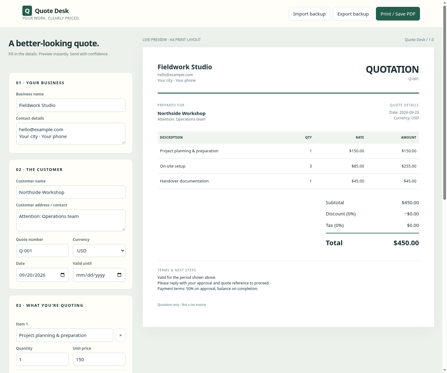 Quote Desk application showing editable business information and a printable quotation preview